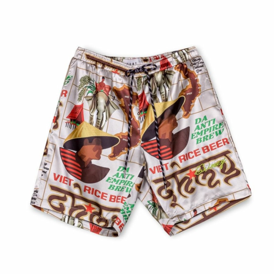 Grimey Shorts | Grimey Viet Cong Beer Satin Short - White - Summer 23