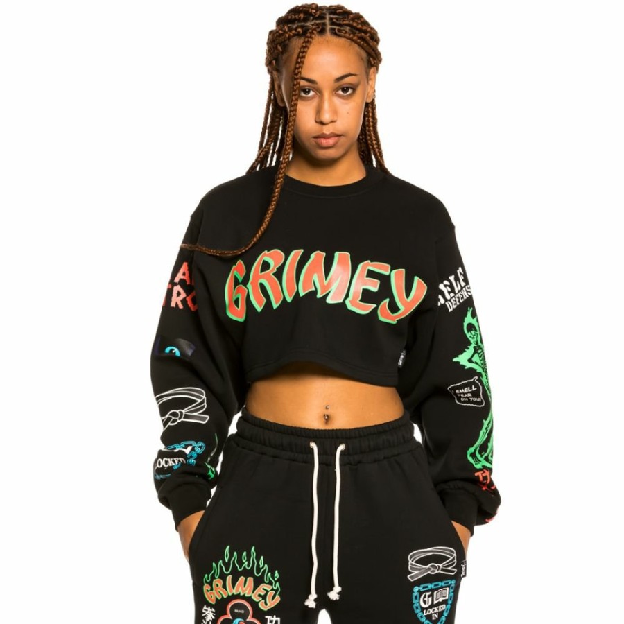 Grimey Sweatshirts | Grimey "Destroy All Fear" Girl Crop Crewneck - Black - Fall 21