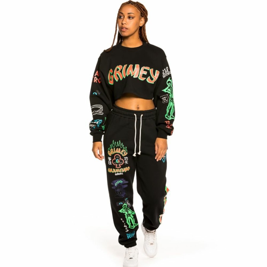 Grimey Sweatshirts | Grimey "Destroy All Fear" Girl Crop Crewneck - Black - Fall 21