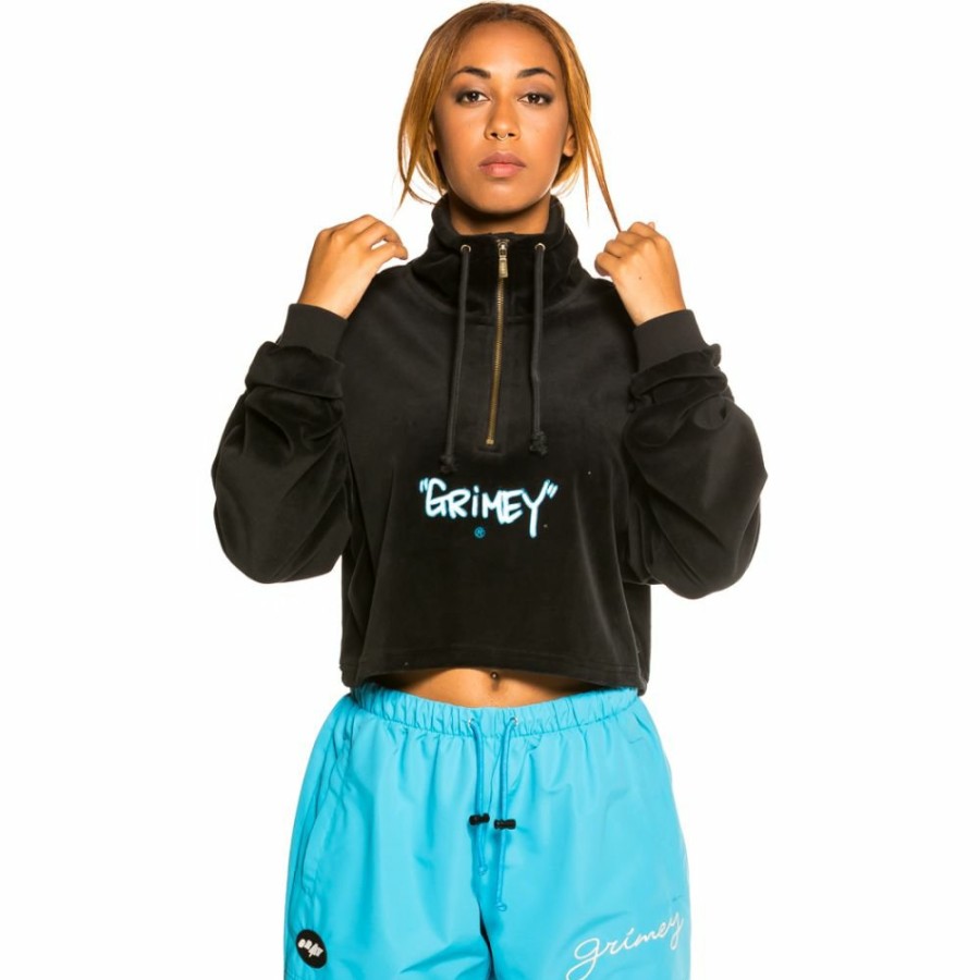 Grimey Sweatshirts | Grimey "Gem Cutting" Girl High Neck Velvet Crop Top - Black - Fall 21